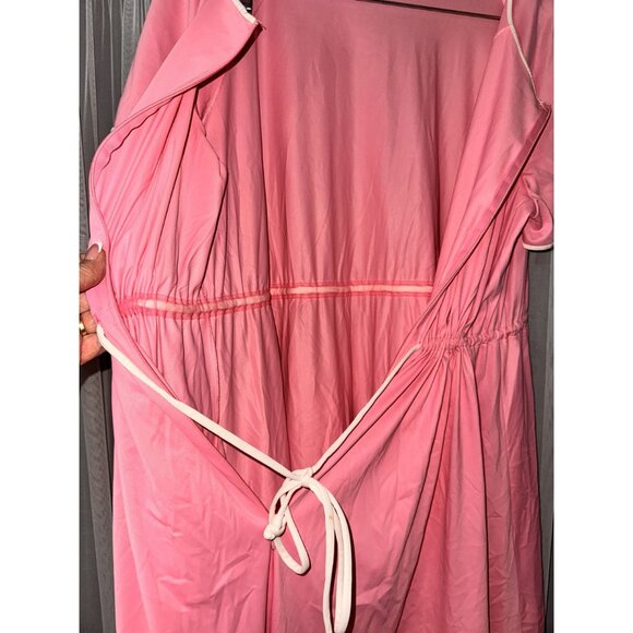 Pink Short-Sleeve Drawstring Waist Dress With Pockets & White Trim - Picture 4 of 10